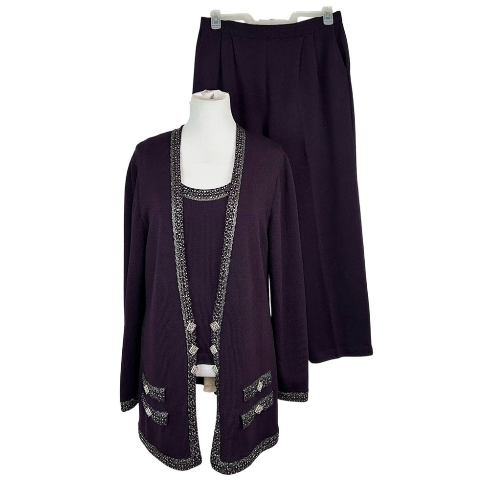 ST. JOHN Rhinestone Aubergine Santana Knit 3pc Pant Suit Jacket Tank Set Size 12